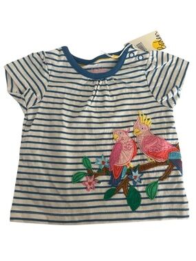 Mini Boden plum blossom pink birds blue striped tee baby size 12-18 months